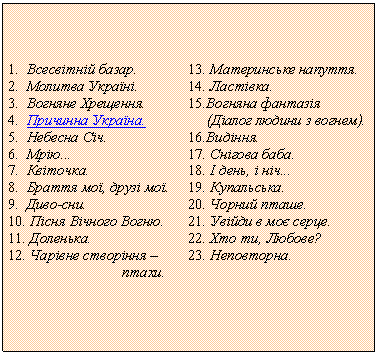 : 1.   .
2.   .
3.   .
4.   .
5.   ѳ.
6.  ...
7.  .
8.   ,  .
9.  -.
10. ϳ ³ .
11. .
12.    
                               . 
	
13.  .
14. .
15. 
     (ĳ   ).
16.. 
17.  .
18.  ,  ...
19. .
20.  .
21.    .
22.  , ?
23. .


